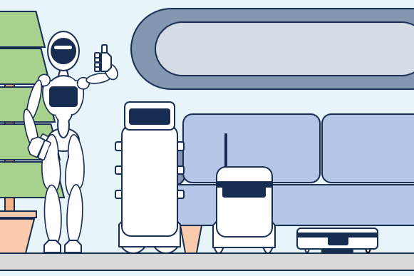 様々なサービスロボットが並ぶイラスト